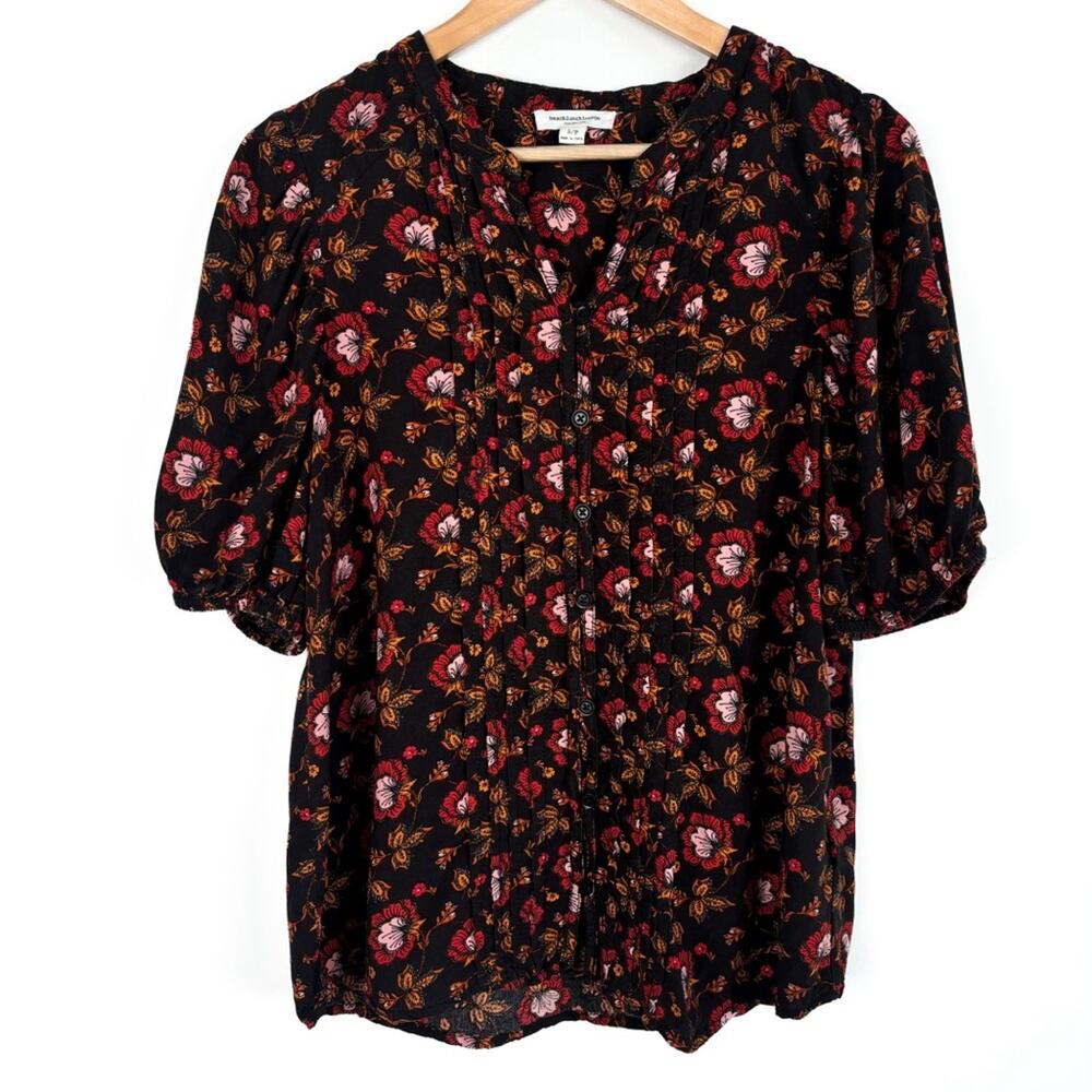 beachlunchlounge Black Red Floral Bubble Boho Sleeve Top